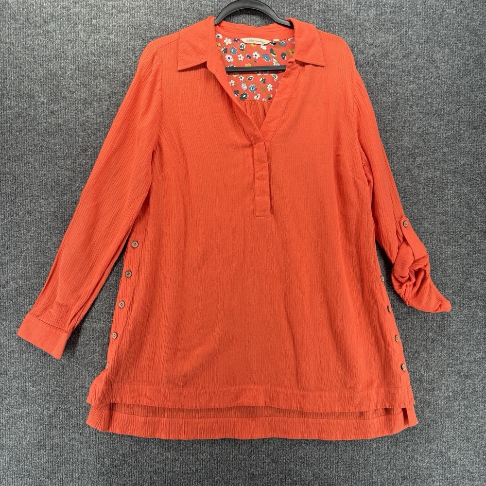 Soft Surroundings Top Womens L Orange Henley Popover Relax Casual Coastal Resort